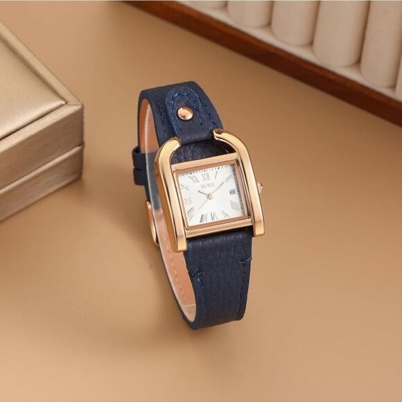 ?⏭️NIB Blue Leather Strap Horseshoe Shaped Square Case Quartz Watch main image 11